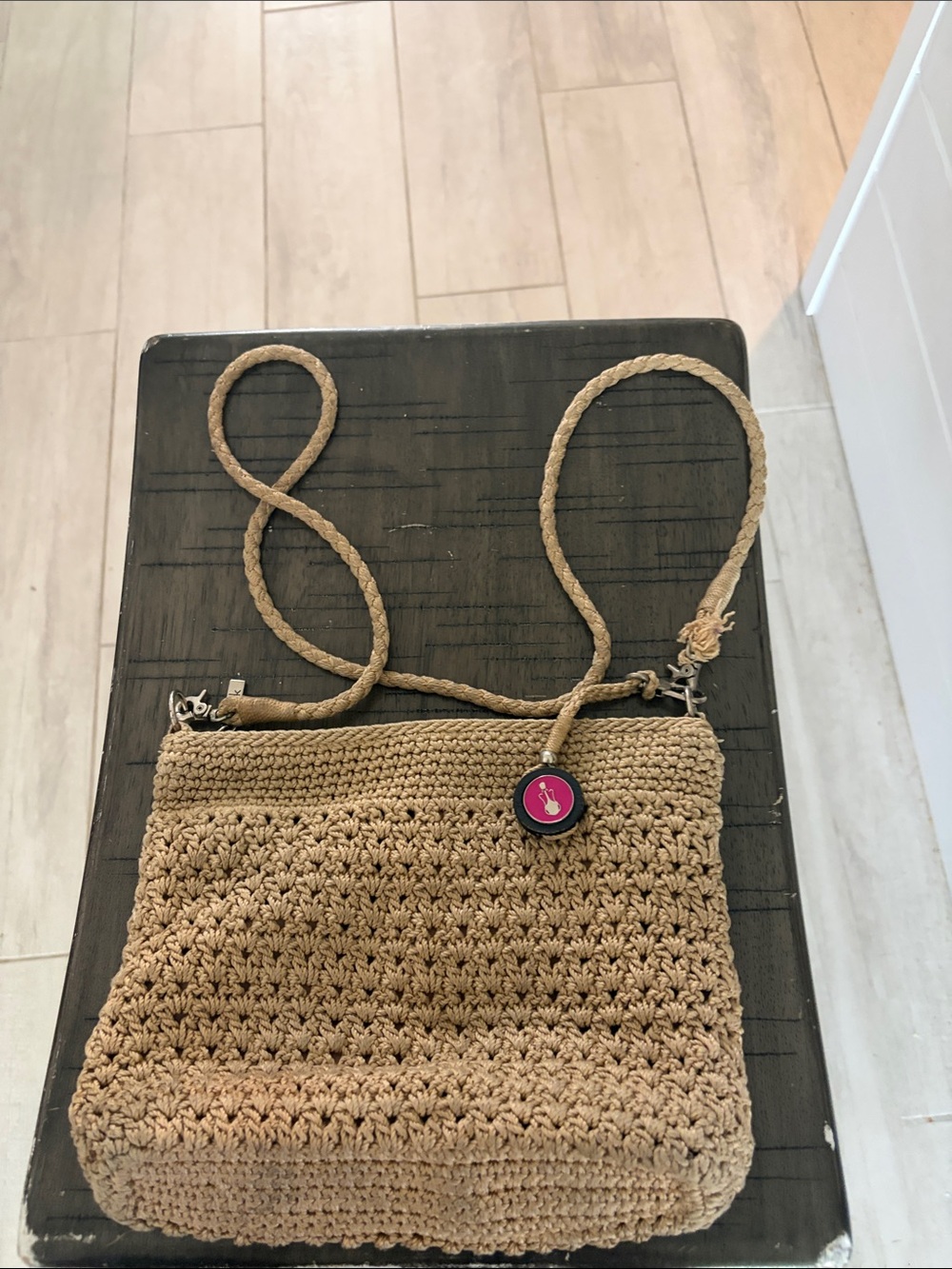 The Sak Tan Crochet Crossbody with Pink Logo Charm